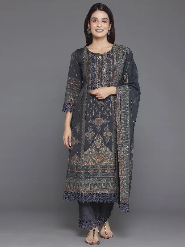 Women's RompersGrey Printed Silk Blend Straight Suit With Dupatta