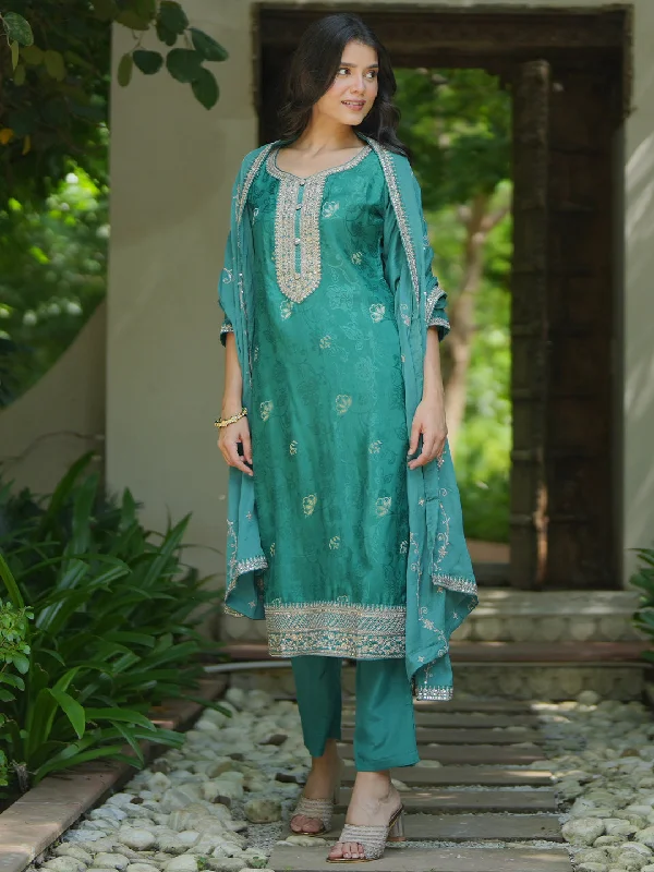 Women's Jumpsuits with Shirt CollarTurquoise Woven Design Silk Blend Straight Suit With Dupatta