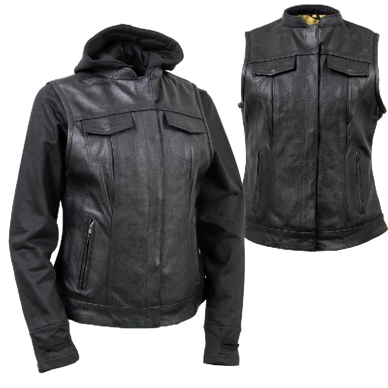 Women's Hooded Sweatshirts with Velvet LiningXelement Gold XS24007 Women's 'Tara' Black Leather Motorcycle Rider 2 in 1 Hoodie Jacket with Convertible Vest