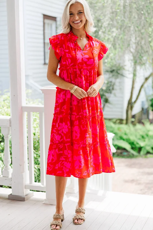 Women's Keyhole Collar DressesShow You Off Red Floral Midi Dress