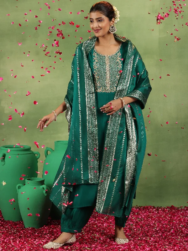 Women's Jumpsuits with Low WaistGreen Yoke Design Silk Blend Straight Suit With Dupatta