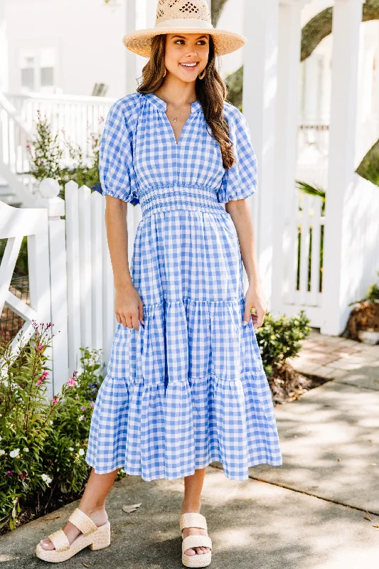 Women's Rounded-Neck DressesStay The Course Blue Gingham Midi Dress