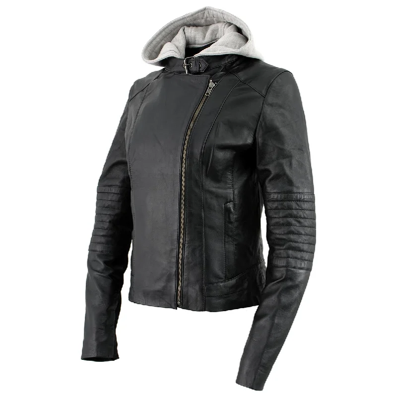 Women's Hooded Sweatshirts with Hidden PocketsXelement B91044 Women's ‘Quilt’ Black Leather Motorcycle Biker Racer Style Scuba Jacket with Hoodie