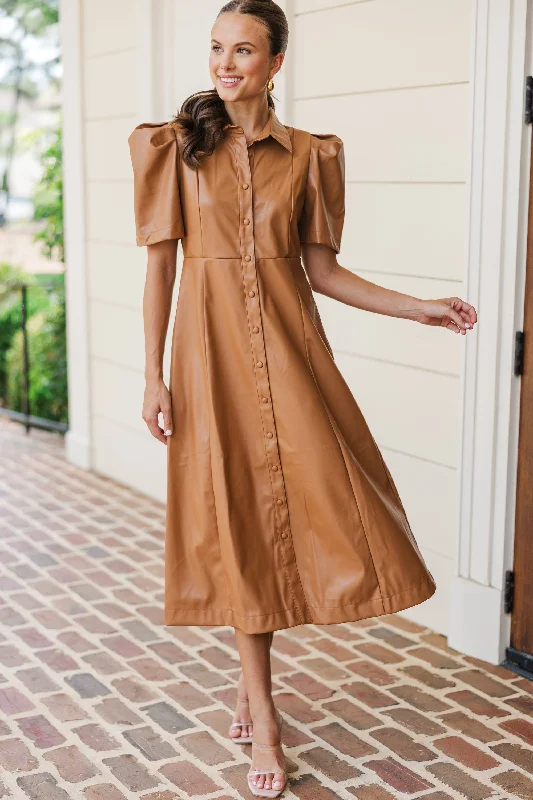 Women's Racerback DressesTake It As It Is Camel Brown Faux Leather Midi Dress