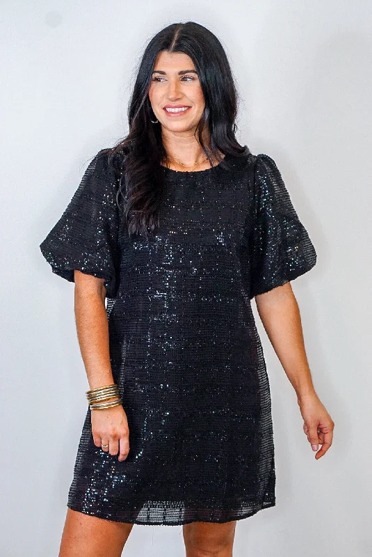 Women's Cap-Sleeve DressesChasing Midnight Black Sequin Dress