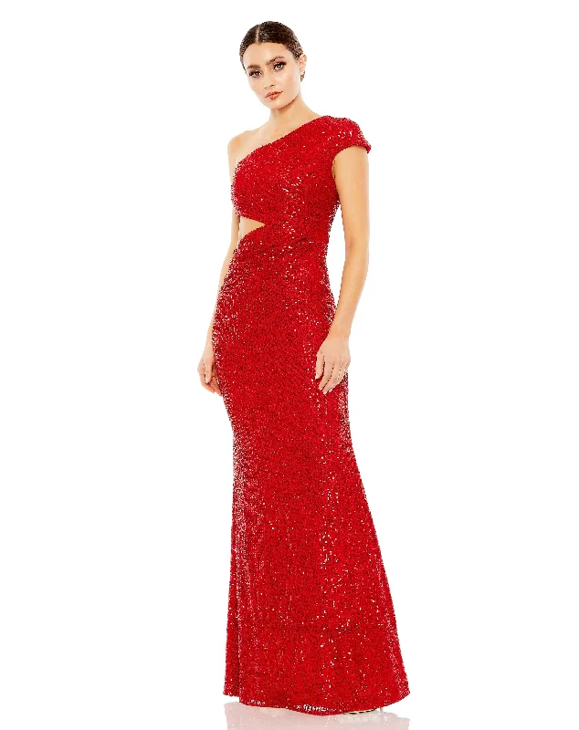 Women's Peter Pan Collar DressesSequined One Shoulder Cap Sleeve Cut Out Gown