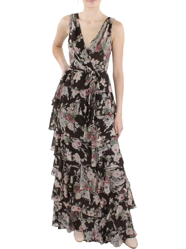 Women's Narrow Collar DressesWomens Floral Tiered Evening Dress