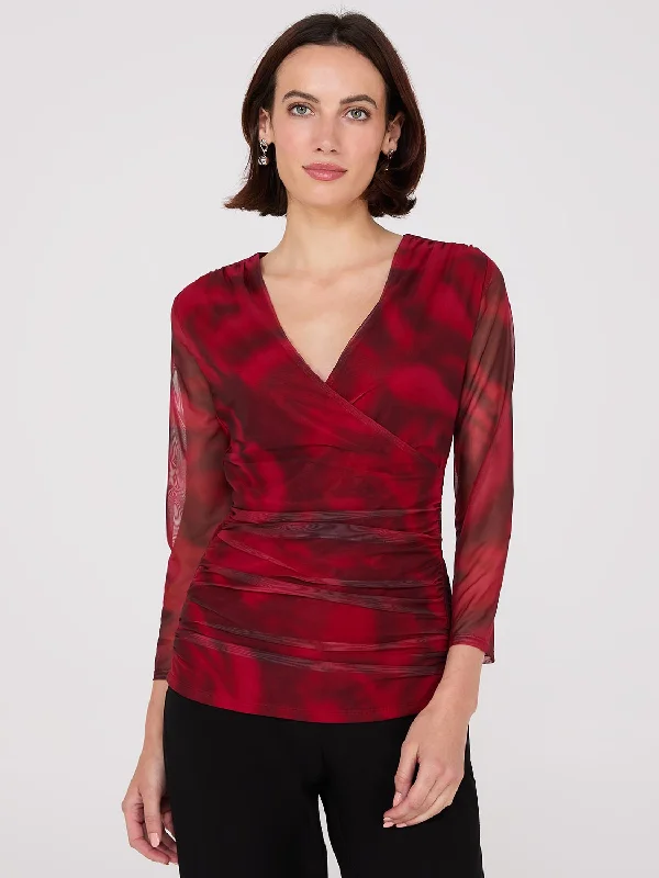 Women's Blouse with Square CollarRose Print Crossover Mesh Top