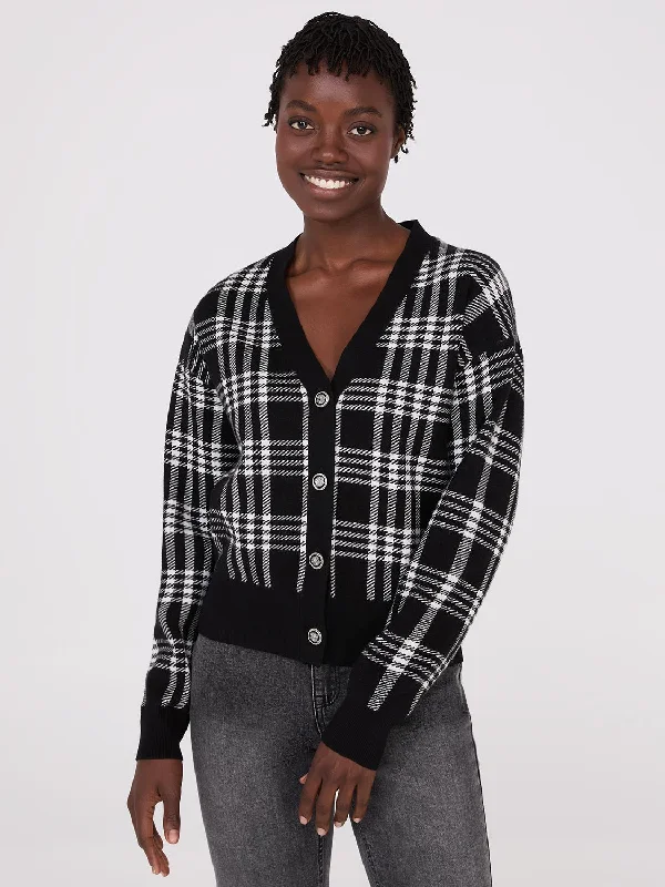 Women's Blouse with Square NeckPlaid V-Neck Knit Cardigan