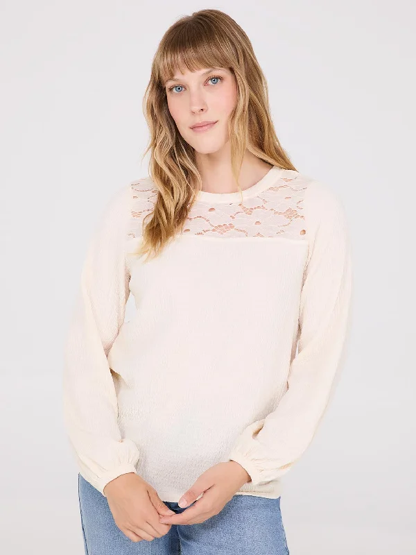 Women's Blouse for EveningLace Round Neck Textured Top