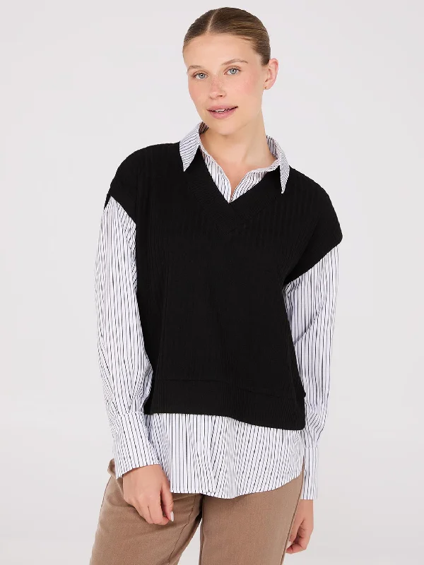 Women's Blouse with Rounded Hem2-Fer Striped Blouse With Short Sleeve Top