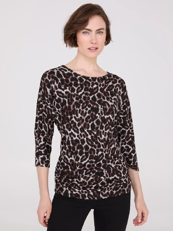 Women's Round-Neck Blouse3/4 Sleeve Animal Print Top With Side Ruching