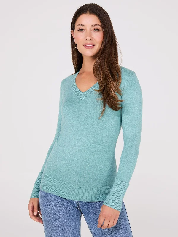 Women's Blouse for PartyV-Neck Long Sleeve Sweater With Ribbed Details