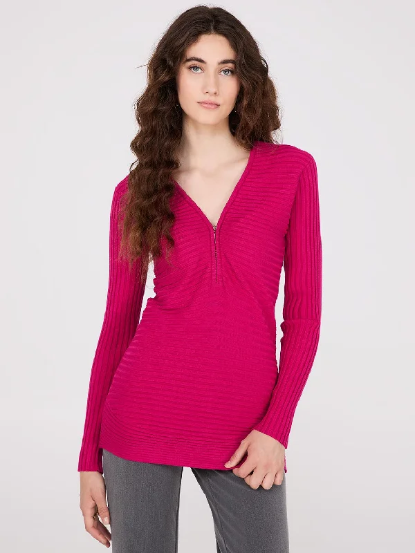 Women's Blouse with RufflesZipper V-Neck Sweater