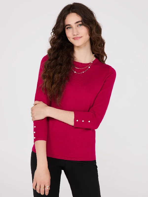 Women's Blouse with Three-Quarter SleevesRound Neck Sweater With Button Details