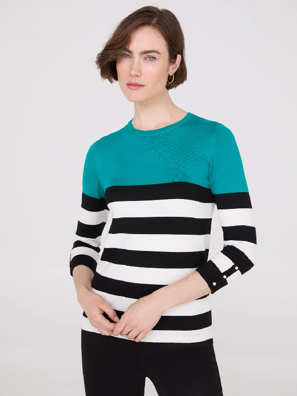 Women's Blouse with Gathered SleevesStriped Round Neck Sweater With Button Details