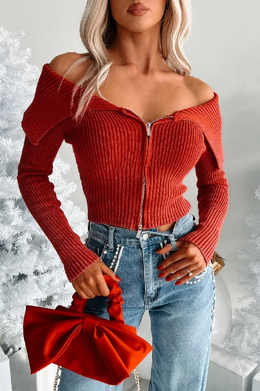 Women's Blouse with Shawl CollarAraxie Off The Shoulder Zip-Up Sweater Top (Red)