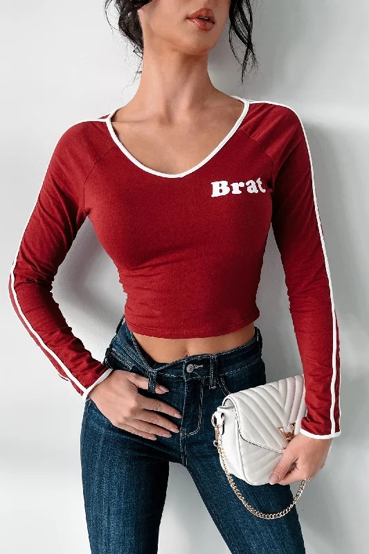 Women's Blouse with Long Sleeves"Brat" Graphic Long Sleeve Top (Burgundy)