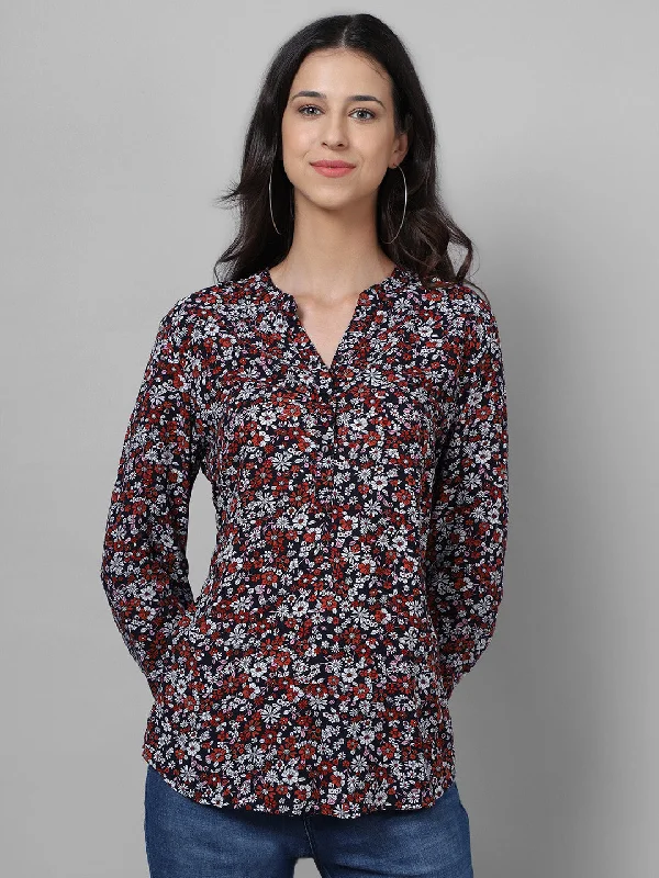 Women's Blouse with Mandarin CollarWomen's Casual  Black Floral Print Mandarin Collar Tunic