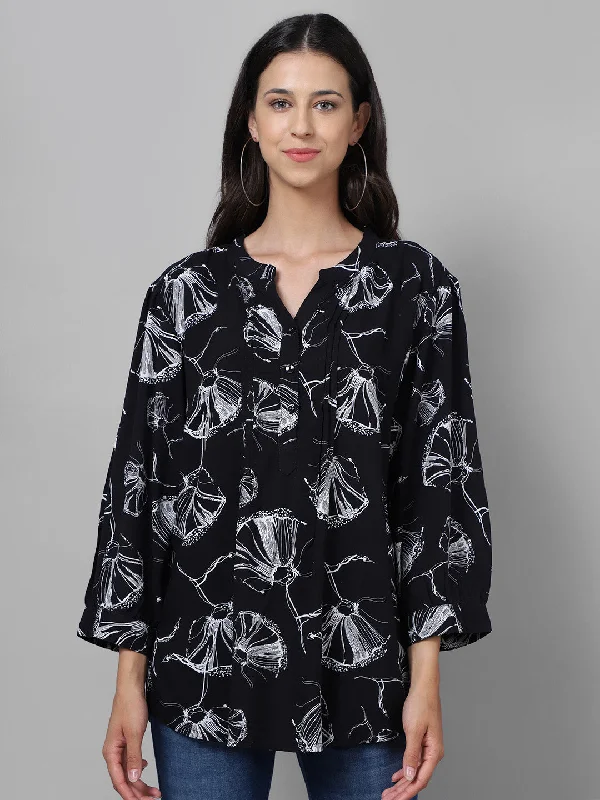 Women's Blouse with Mandarin CollarWomen's Casual  Black Floral Print Mandarin Collar Tunic