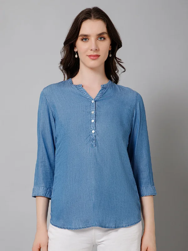 Women's Blouse for HolidayWomen's Casual  Medium Blue Denim Solid Mandarin Collar Tunic