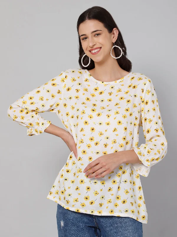 Women's Blouse with Notched CollarWomen's Casual  Yellow Floral Print Round neck Tunic