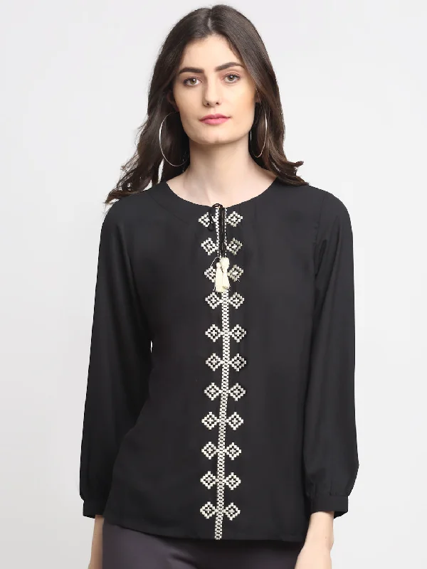 Women's Blouse with High CollarWomen's Casual  Black Solid Round neck with Tie up Tunic