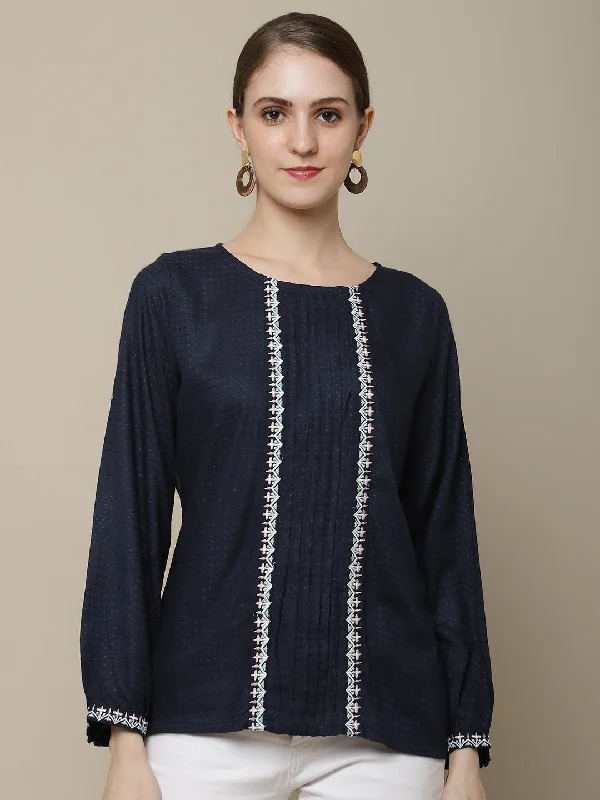 Women's Blouse with ZipperWomen's Casual  Navy Blue Solid Round neck Tunic