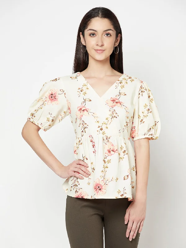 Women's Blouse with Square CollarWomen's Casual  Offwhite Floral Print V neck Top