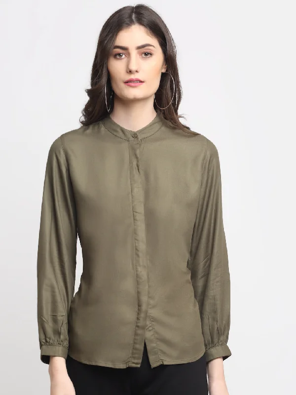 Women's Blouse with Wide CollarWomen's Casual  Olive Green Solid Mandarin Collar Tunic