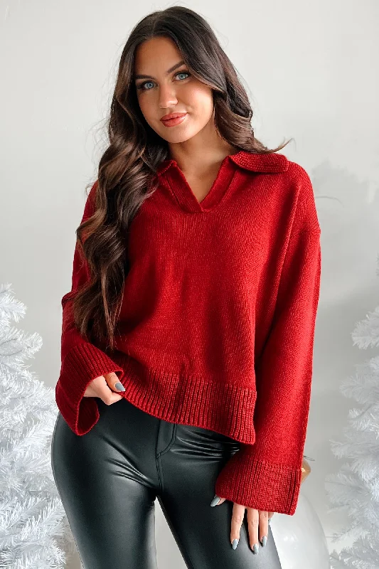 Women's Blouse with Square CollarGrounded In Gratitude Oversized Collared Sweater (Burgundy)