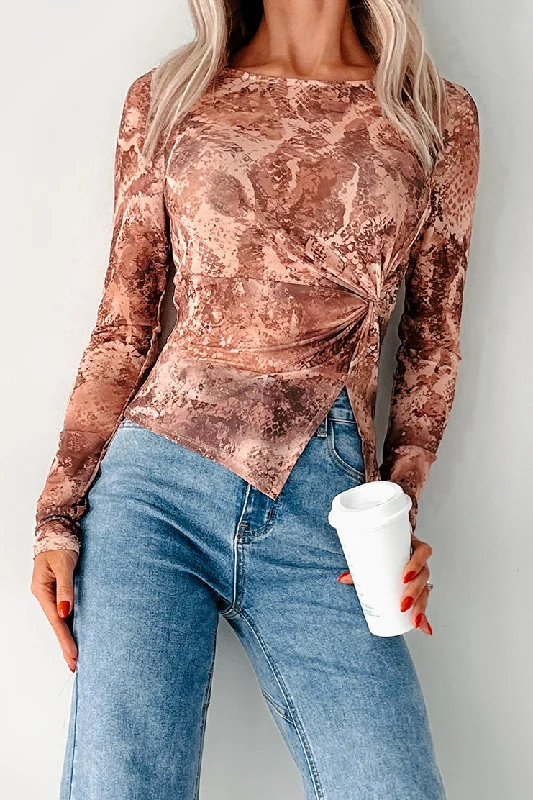 Women's Blouse with Sweetheart CollarHis Prettiest Problem Snake Print Mesh Top (Taupe/Brown)