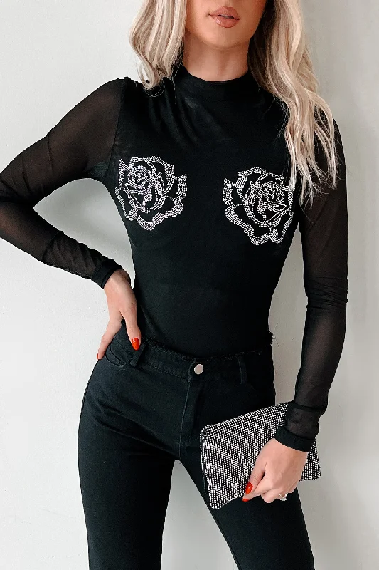 Women's Blouse for PartyPlaying Hard To Forget Rhinestone Rosette Mesh Bodysuit (Black)