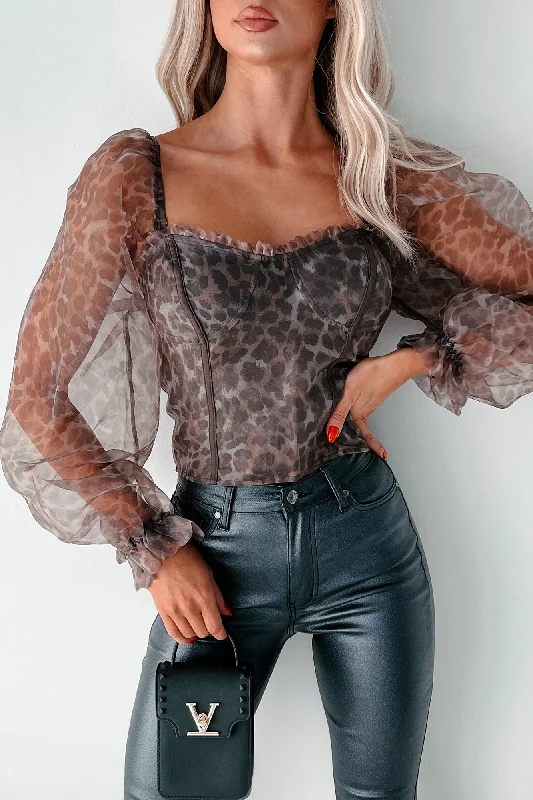 Women's Blouse with BeadsSlay Everyday Leopard Organza Puff Sleeve Top (Leopard)